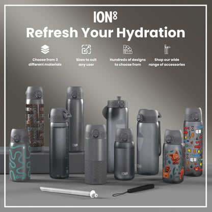 Several water bottles, various sizes and designs, are displayed on a gray surface; some feature playful graphics. ION8 is prominently featured.