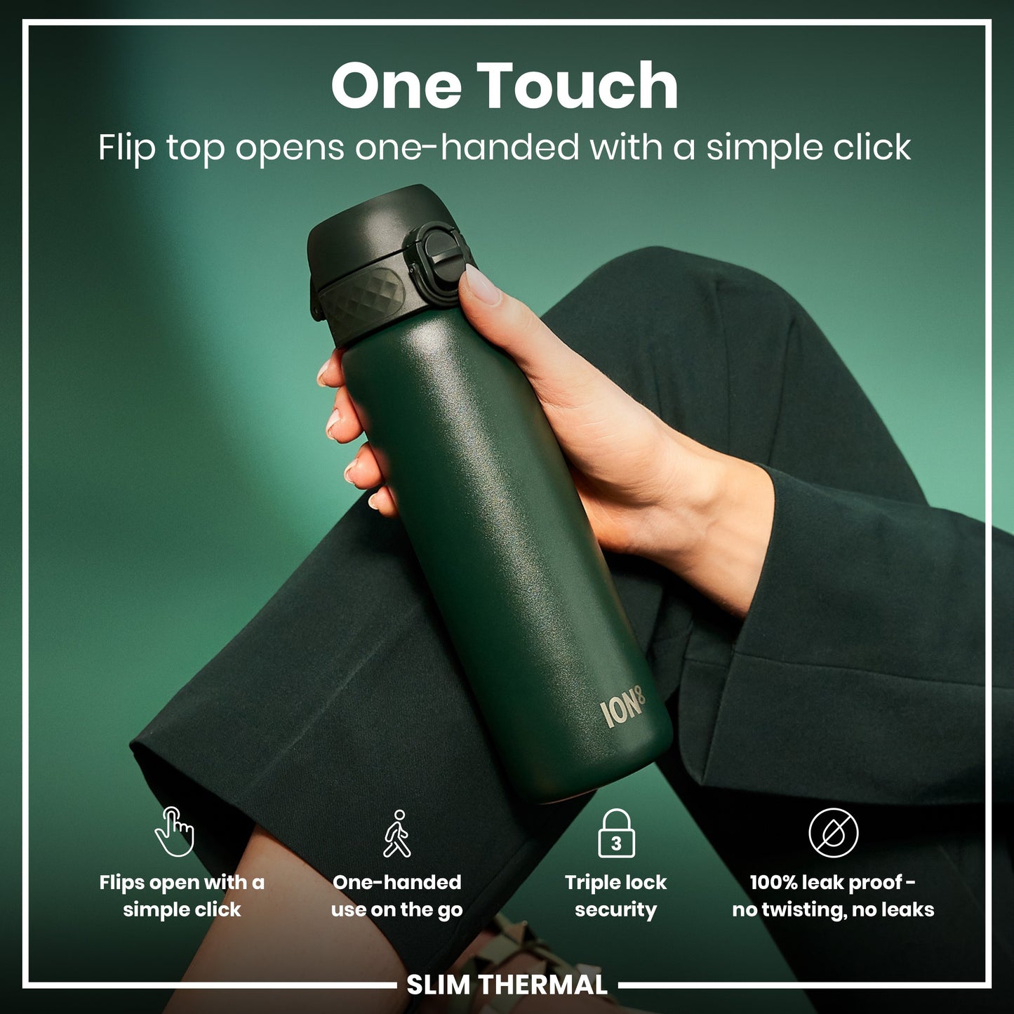 Leak Proof Slim Thermal Water Bottle, Insulated Steel, Dark Green, 500ml (17oz)