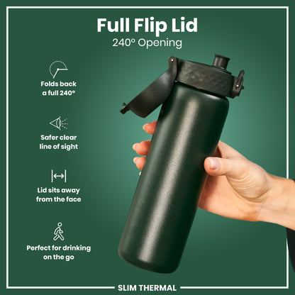 Leak Proof Slim Thermal Water Bottle, Insulated Steel, Dark Green, 500ml (17oz)