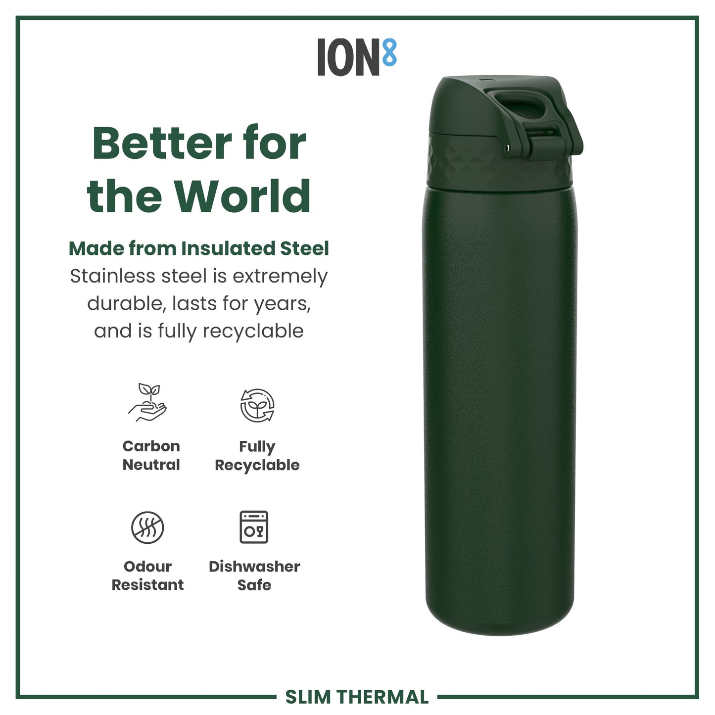 Leak Proof Slim Thermal Water Bottle, Insulated Steel, Dark Green, 500ml (17oz)