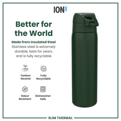 Leak Proof Slim Thermal Water Bottle, Insulated Steel, Dark Green, 500ml (17oz)