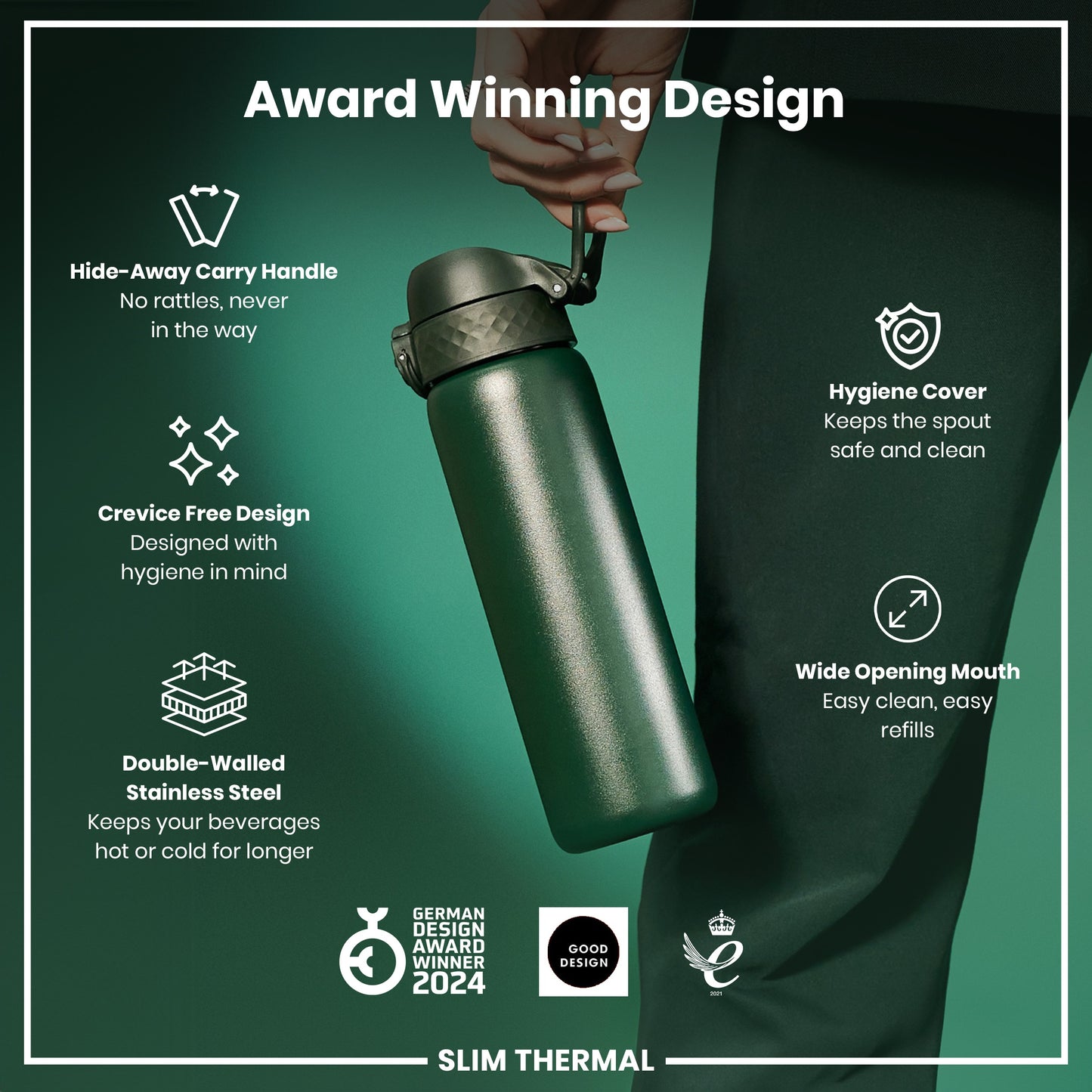 Leak Proof Slim Thermal Water Bottle, Insulated Steel, Dark Green, 500ml (17oz)