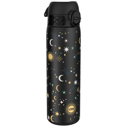 A black water bottle, adorned with a celestial pattern of moons, stars, and a sun, stands against a white background. The bottle's cap is black and features a carrying loop. The word "ION8" is visible near the bottom.