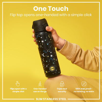 A black, celestial-patterned water bottle is being held; its flip top opens one-handed. The bottle is slim, stainless steel, leakproof, and features a triple lock security. "One Touch" and "Flip top opens one-handed with a simple click" are also present.