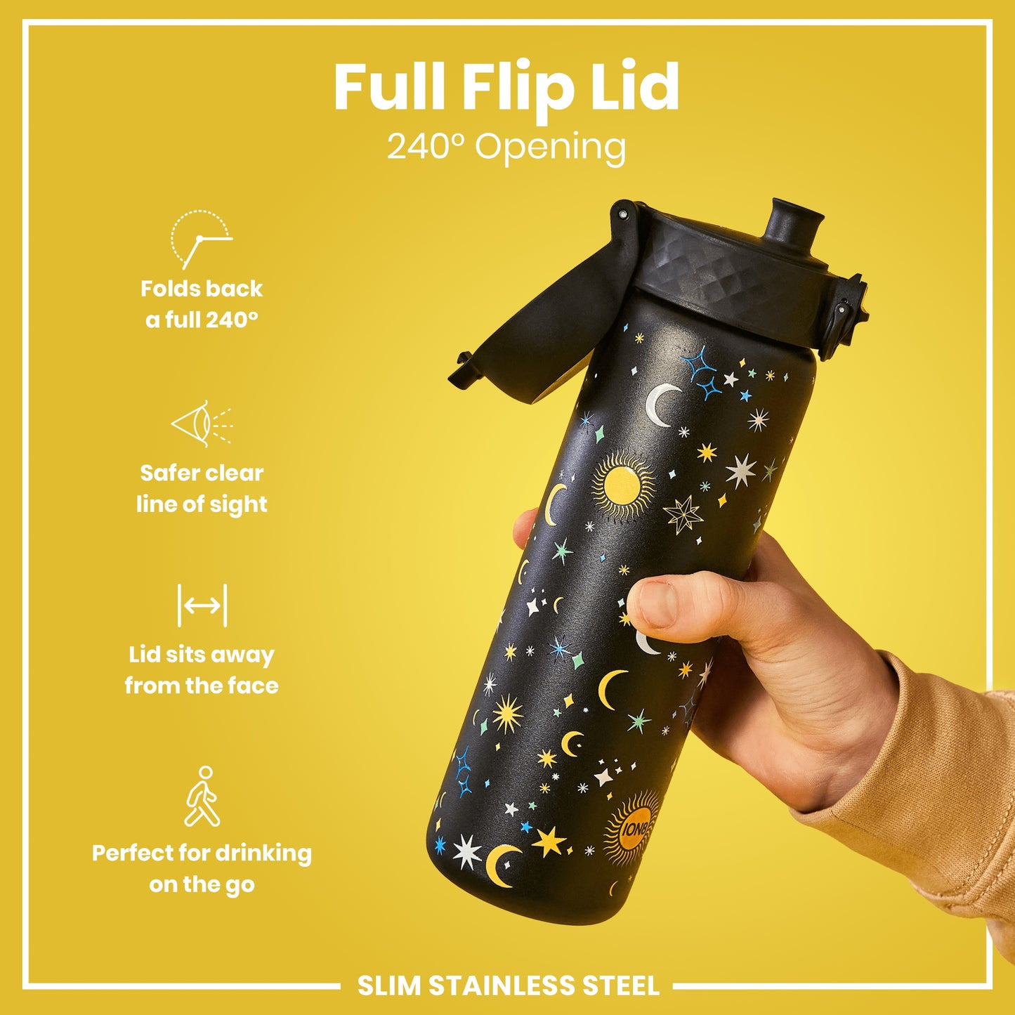 A slim stainless steel water bottle, with a celestial design, is being held; its full flip lid, allowing a 240° opening, is shown. The lid folds back, providing a clear line of sight, and sits away from the face. It's advertised as perfect for on-the-go drinking.