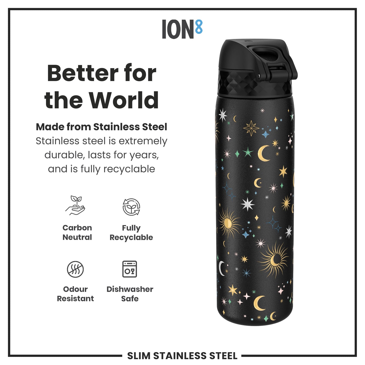 A stainless steel water bottle, adorned with a celestial pattern, sits against a white background. The bottle is described as carbon neutral, fully recyclable, odour resistant, and dishwasher safe.