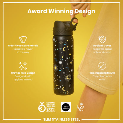 A black, star-patterned water bottle is being held; its features are highlighted against a yellow background. Award Winning Design. Hide-Away Carry Handle. No rattles, never in the way. Hygiene Cover. Keeps the spout safe and clean. Crevice Free Design. Designed with hygiene in mind. Wide Opening Mouth. Easy clean, easy refills. GERMAN DESIGN AWARD WINNER 2024. GOOD DESIGN. 2021. SLIM STAINLESS STEEL.