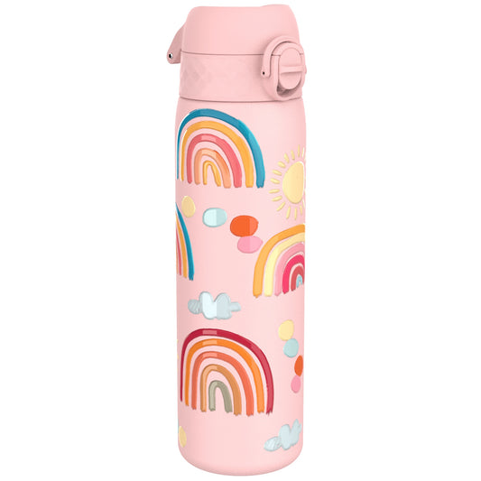 A pink water bottle, adorned with rainbows, clouds, and a sun, stands against a white background.