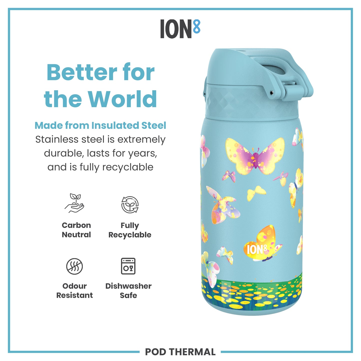 Leak Proof Thermal Steel Water Bottle, Insulated, Butterfly Catcher, 320ml (11oz)