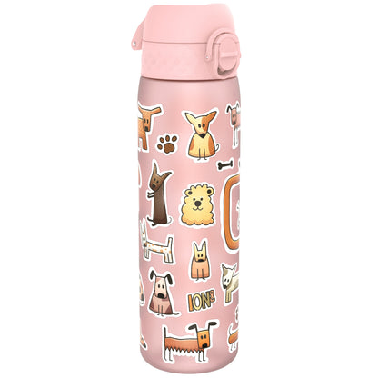 A pink water bottle, adorned with cartoon dogs, stands upright against a white background. The bottle features the logo "ION8".