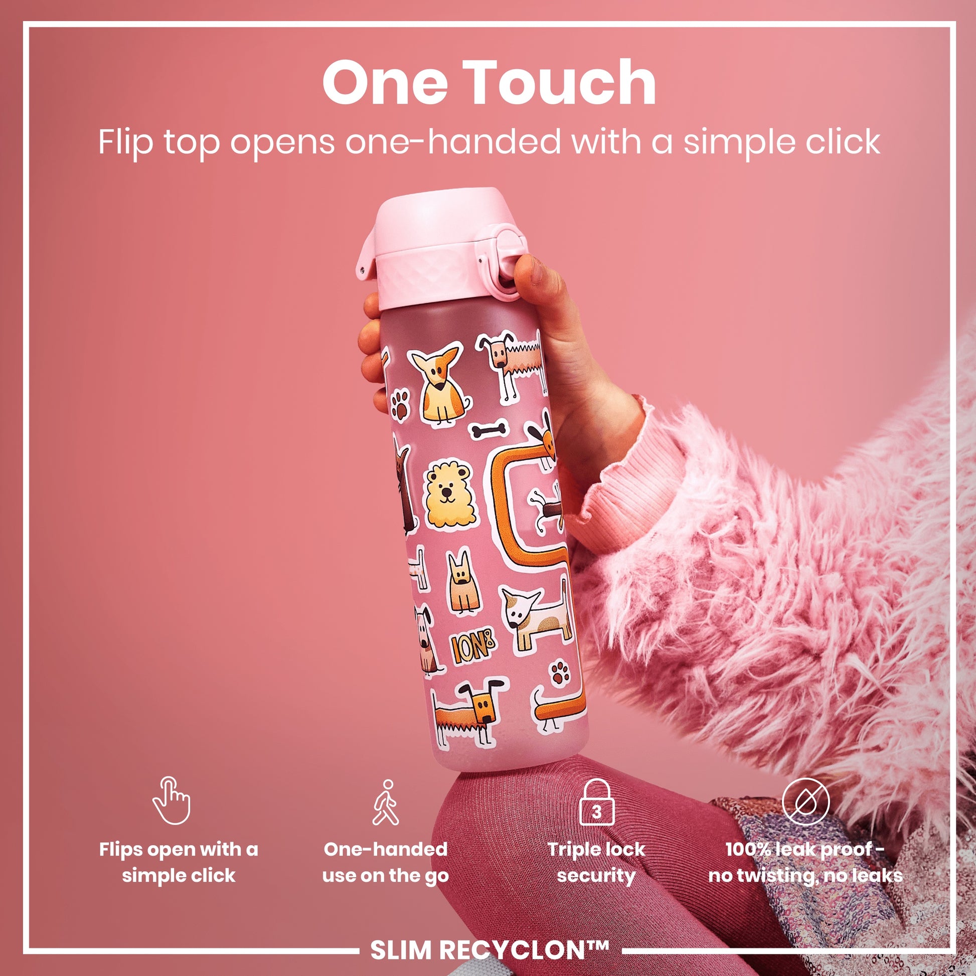 A pink water bottle, with a flip top, is being held; the top opens one-handed. It features cartoon dogs and is advertised as leakproof.