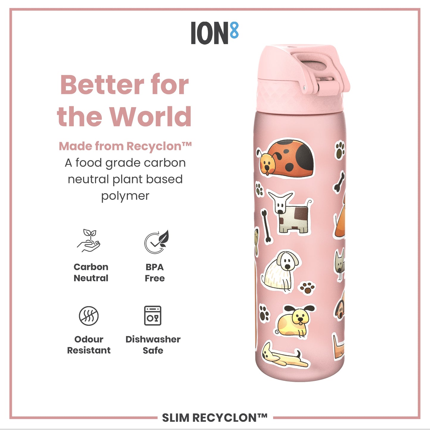 A pink water bottle, decorated with cartoon dogs and a ladybug, sits against a white background. It's made from a plant-based polymer and is BPA free, dishwasher safe, and odor resistant. The text also states that it is carbon neutral.