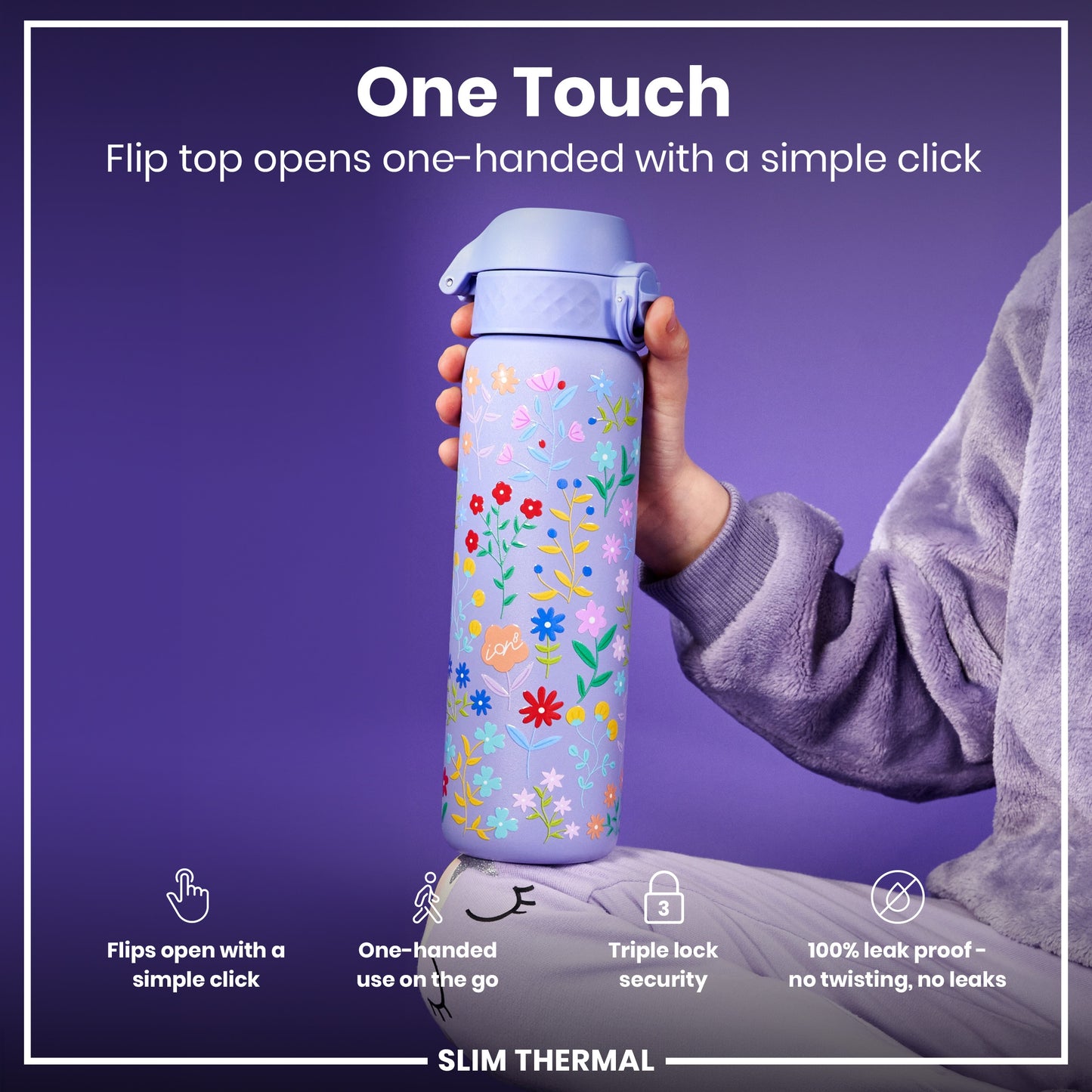 Leak Proof Slim Thermal Water Bottle, Insulated Steel, Ditsy Floral, 500ml (17oz)