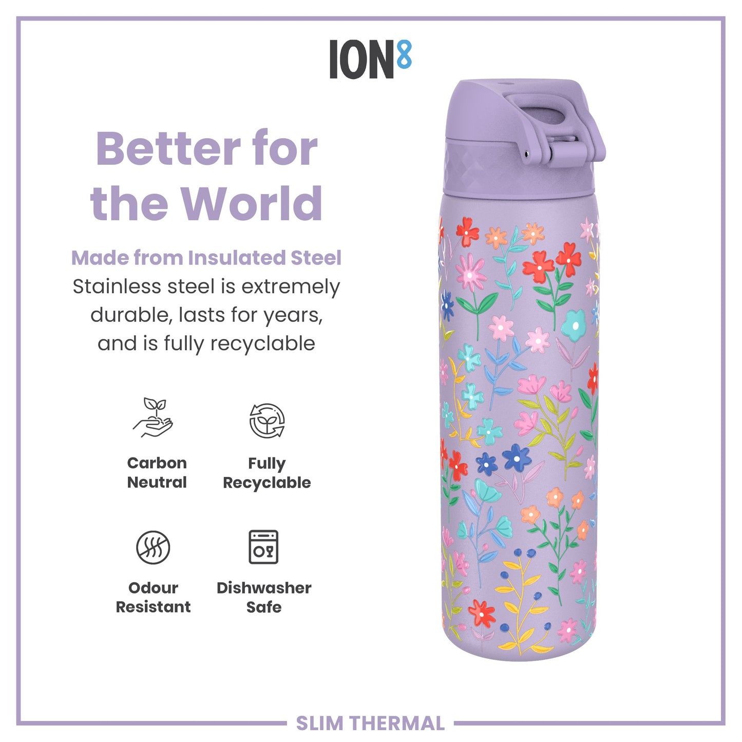 Leak Proof Slim Thermal Water Bottle, Insulated Steel, Ditsy Floral, 500ml (17oz)