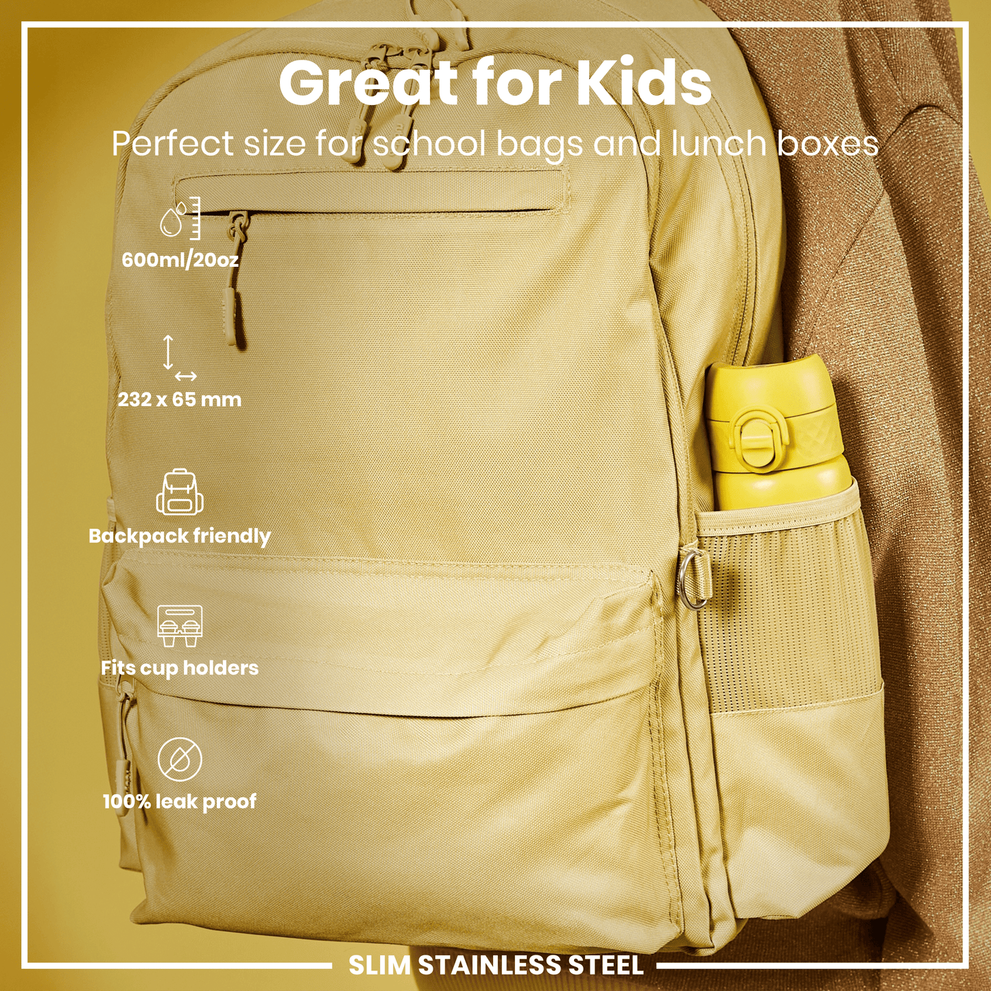 A tan backpack pocket holds a yellow water bottle; it’s designed to fit school bags and lunchboxes, is leak-proof, and fits cup holders.