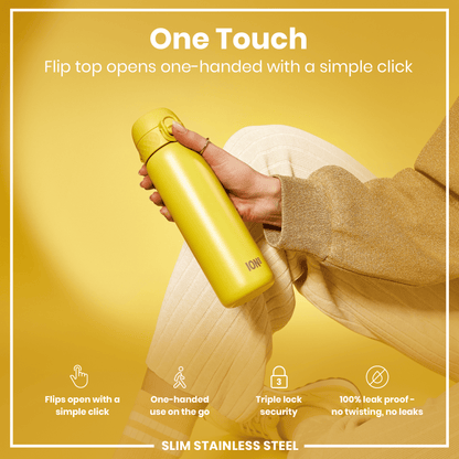 A yellow ION8 water bottle is held; its flip top opens one-handed. The bottle is being shown against a yellow background. "One Touch. Flip top opens one-handed with a simple click" is also displayed. Additional features include a triple lock security and 100% leak proof design.