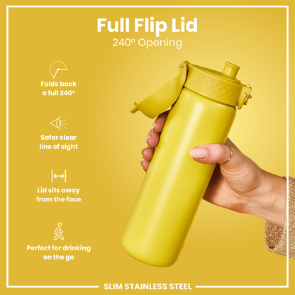 A yellow, slim stainless steel water bottle is held; its full flip lid, providing a 240° opening, is shown open. The bottle is being showcased against a yellow background.