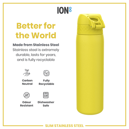 A yellow stainless steel water bottle sits on a white background. It is made from sustainable materials, is durable, recyclable, dishwasher safe, and odor resistant. The brand is ION8.