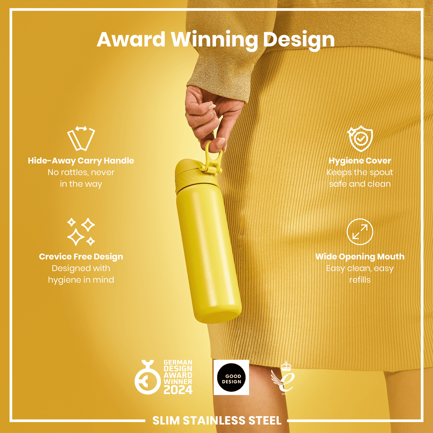 A yellow water bottle is being held by a person; the bottle features a hide-away handle and a wide mouth for easy cleaning and refilling. The design is award-winning and promotes hygiene.