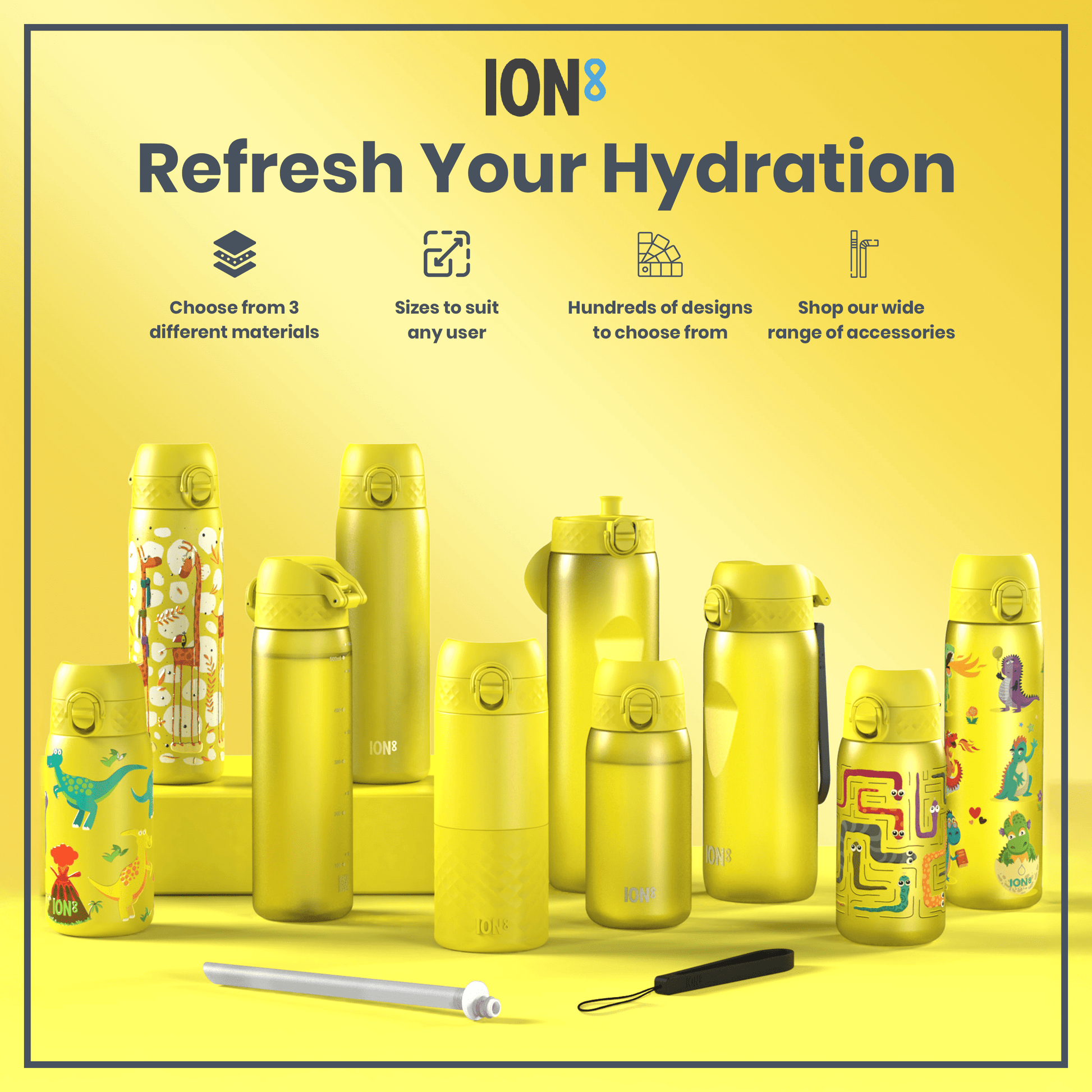 Several yellow water bottles, of varying sizes and designs, are displayed on a yellow surface. The bottles are arranged for a product shot. "Refresh Your Hydration" is the headline.