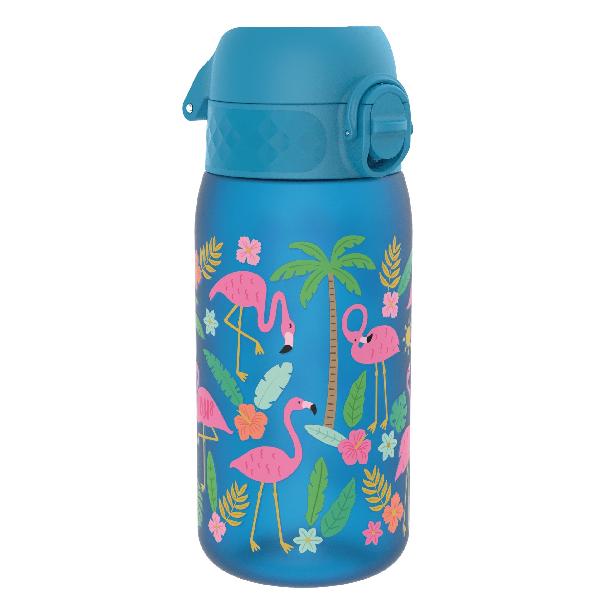 A blue water bottle, featuring pink flamingos and tropical plants, sits against a white background.