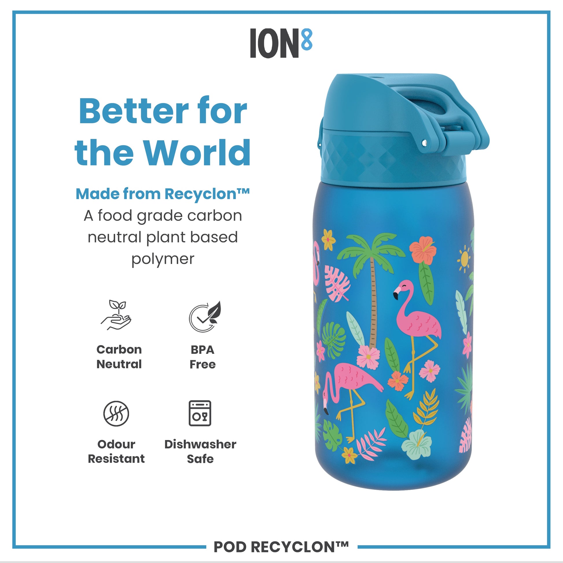 A blue water bottle, featuring flamingos and tropical plants, sits against a white background; it is made from a plant-based polymer.