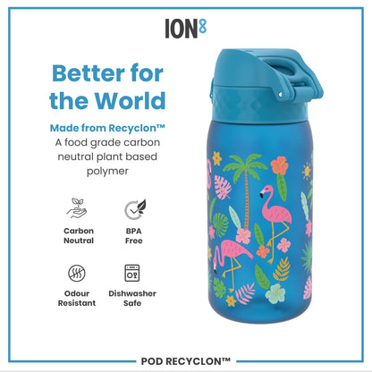 A blue water bottle, featuring flamingos and tropical plants, sits against a white background; it is made from a plant-based polymer.