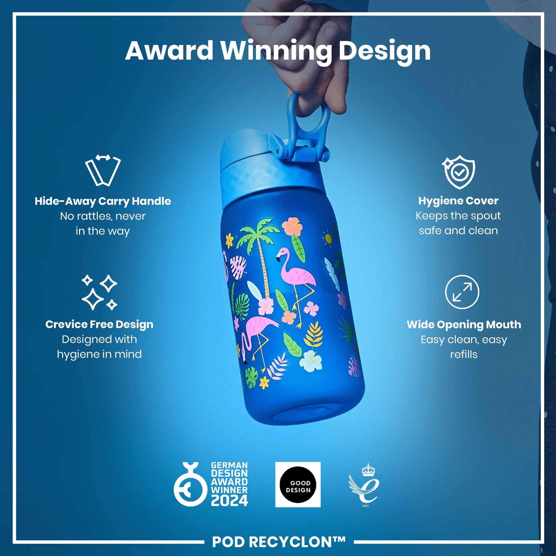 A blue water bottle with a flamingo design is being held by a hand. Its features include a hide-away handle, hygiene cover, and wide mouth. It is an award-winning design.