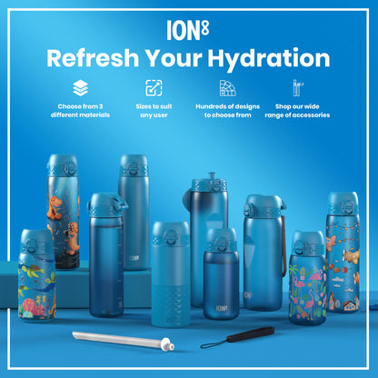 Several blue water bottles, of varying sizes and designs, are displayed on a blue surface. They showcase different patterns and materials. The background promotes ION8 brand hydration products.