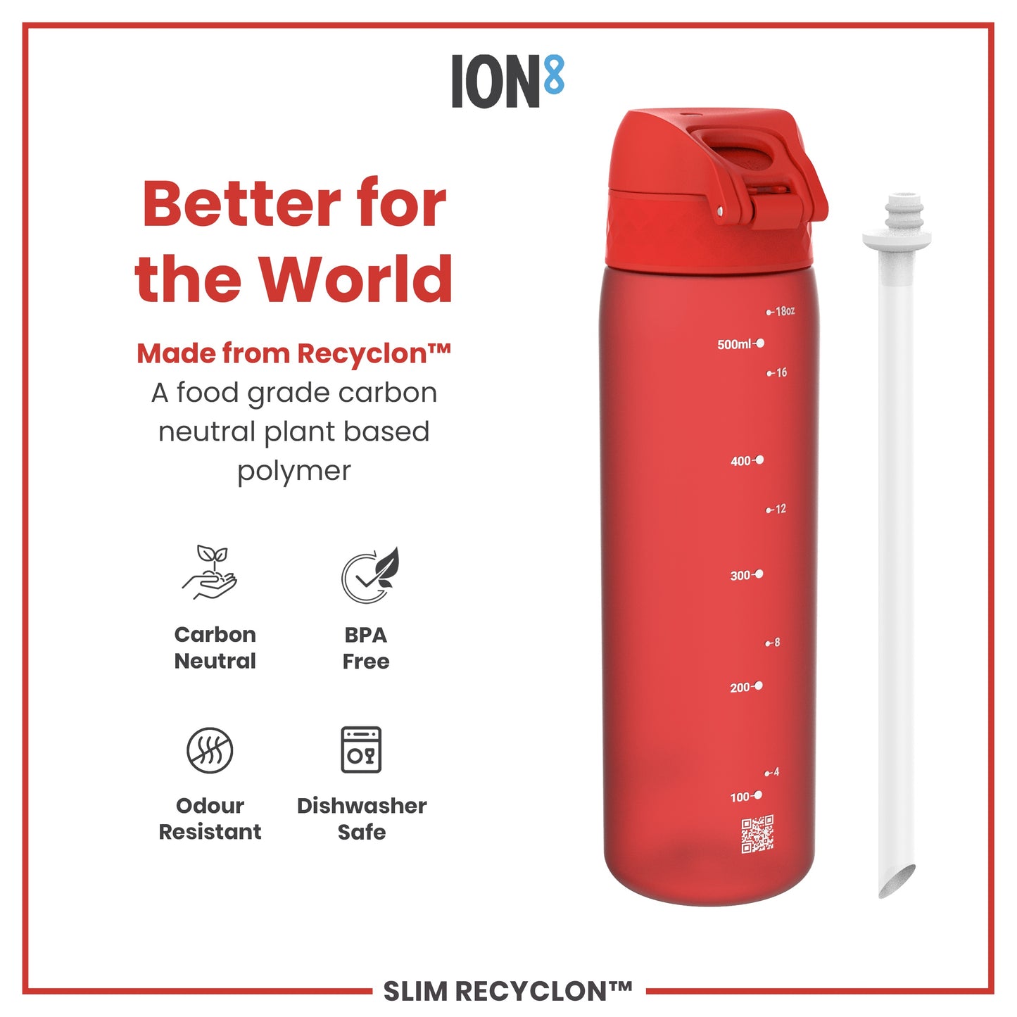 Leak Proof Medium Water Bottle with Straw, Recyclon, Red, 500ml (18oz)