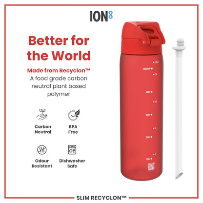 Leak Proof Medium Water Bottle with Straw, Recyclon, Red, 500ml (18oz)