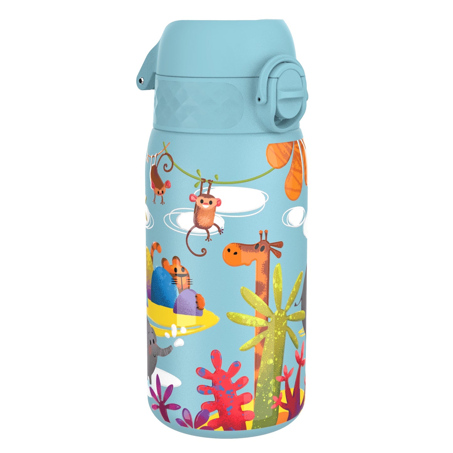 A light-blue water bottle, featuring a jungle scene with monkeys, a giraffe, and other animals, sits on a white background.