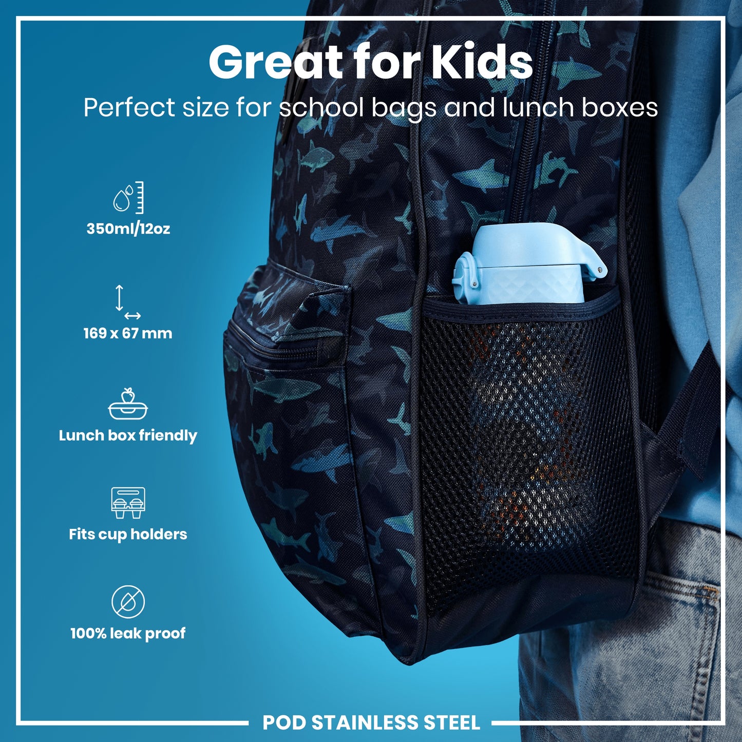 A dark-blue shark-patterned backpack holds a light-blue water bottle in a mesh pocket. The backpack is shown against a blue background; text details its size and features: "Great for Kids," "350ml/12oz," "169 x 67 mm," "Lunch box friendly," "Fits cup holders," "100% leak proof," and "POD STAINLESS STEEL".