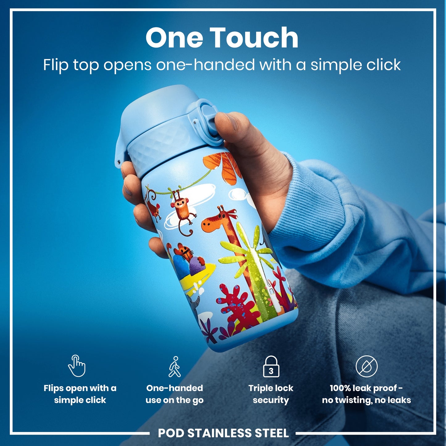 A child's water bottle, featuring a jungle animal design, is being held; its flip top opens with a single click. The bottle is made of stainless steel and is leakproof.