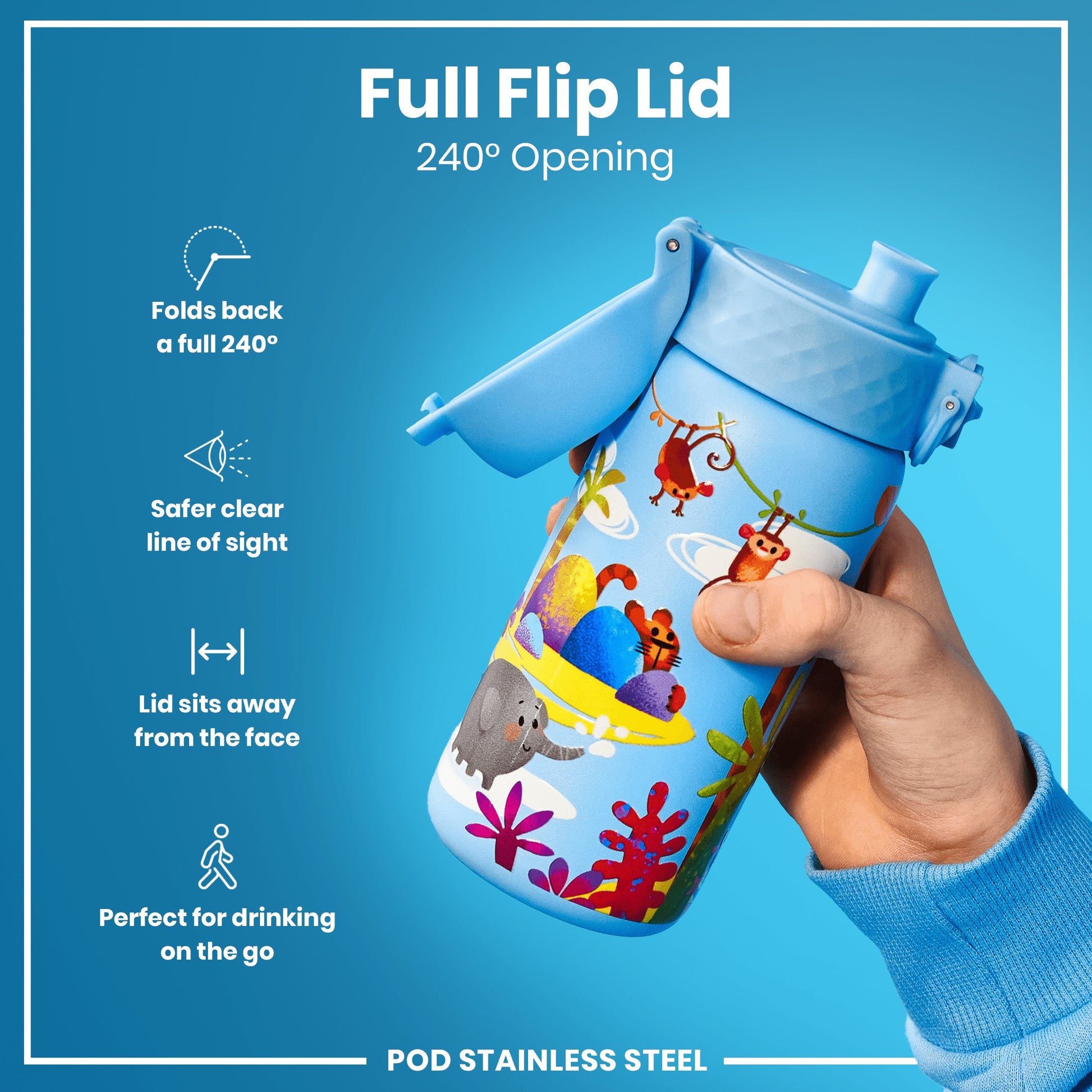 A blue stainless steel water bottle, with a 240° opening flip lid, is being held; against a light blue background. The bottle features a jungle animal design. "Full Flip Lid," "240° Opening," and "POD STAINLESS STEEL" are also displayed.