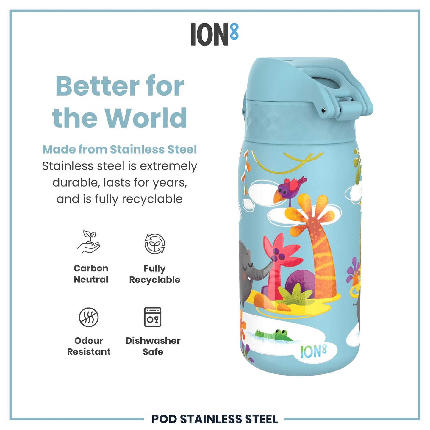 A light-blue stainless steel water bottle, featuring cartoon animals, sits against a white background. It's advertised as durable, recyclable, odour-resistant, and dishwasher-safe. The bottle's brand is ION8.