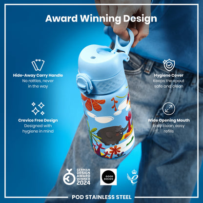 A light-blue, child-friendly water bottle with a carry handle is being held. It features animal illustrations and boasts a design prioritizing hygiene and easy cleaning, as indicated by the text.