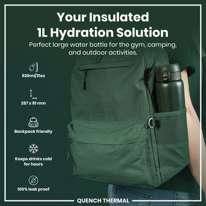 Leak Proof 1 Litre Thermal Water Bottle, Insulated Steel, Dark Green, 1L