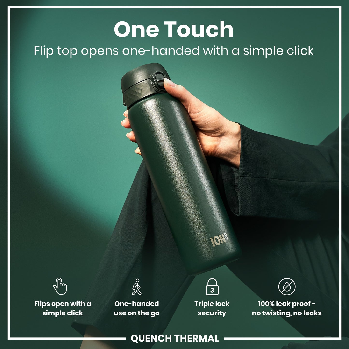 Leak Proof 1 Litre Thermal Water Bottle, Insulated Steel, Dark Green, 1L