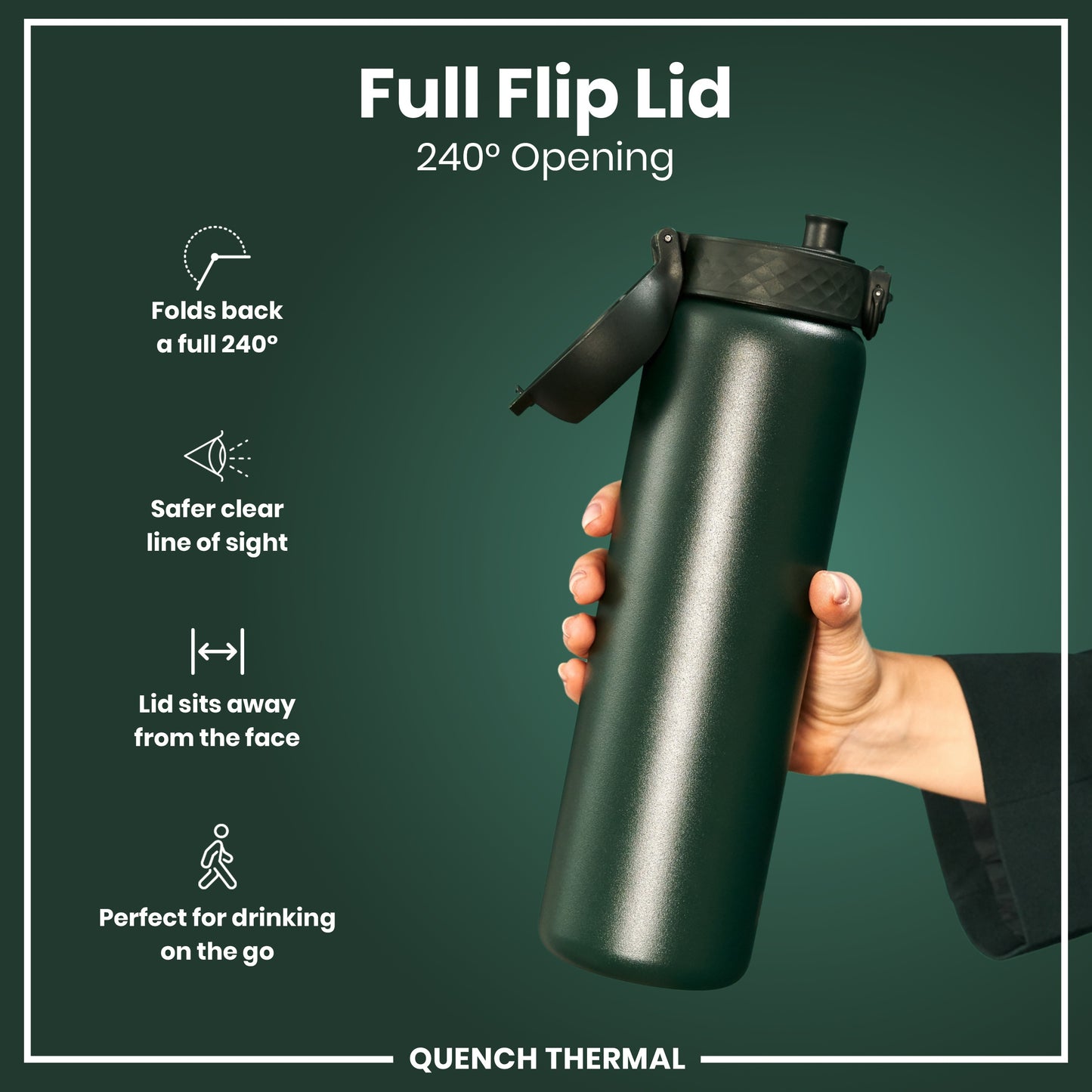 Leak Proof 1 Litre Thermal Water Bottle, Insulated Steel, Dark Green, 1L