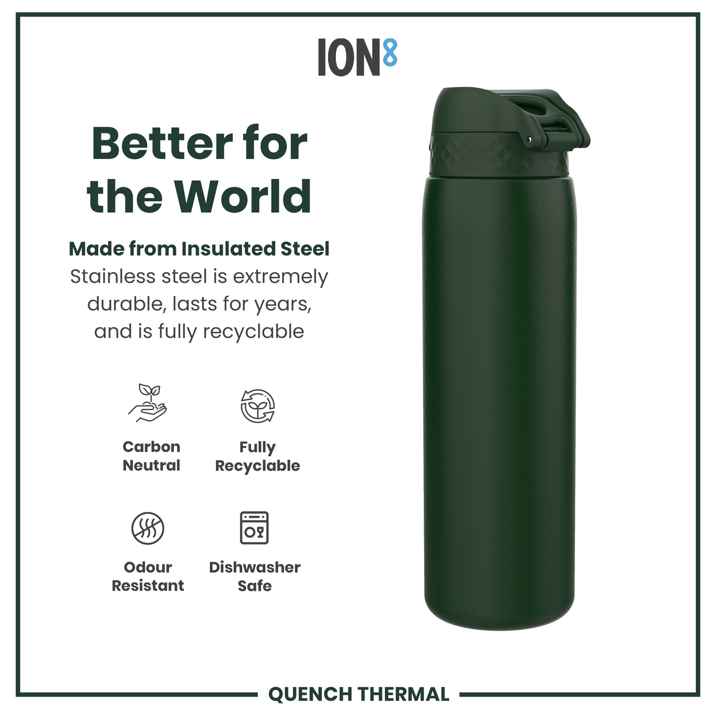 Leak Proof 1 Litre Thermal Water Bottle, Insulated Steel, Dark Green, 1L