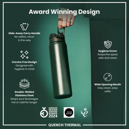 Leak Proof 1 Litre Thermal Water Bottle, Insulated Steel, Dark Green, 1L