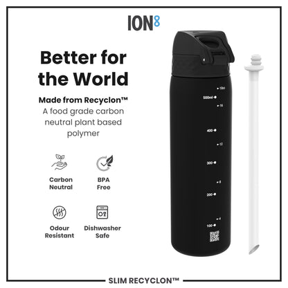 Leak Proof Medium Water Bottle with Straw, Recyclon, Black, 500ml (18oz)