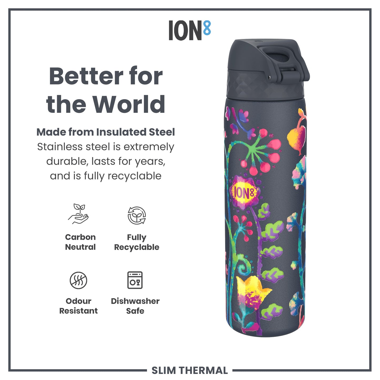 Leak Proof Slim Thermal Water Bottle, Insulated Steel, Bright Floral, 500ml (17oz)