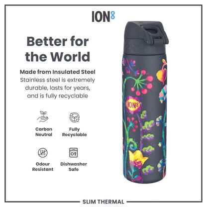 Leak Proof Slim Thermal Water Bottle, Insulated Steel, Bright Floral, 500ml (17oz)