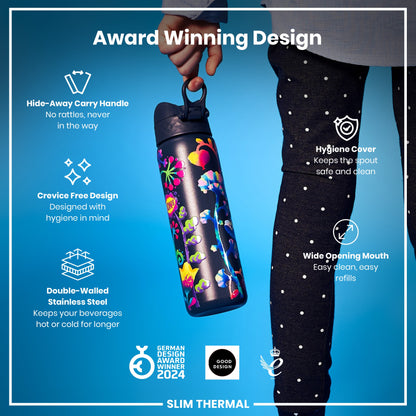 Leak Proof Slim Thermal Water Bottle, Insulated Steel, Bright Floral, 500ml (17oz)