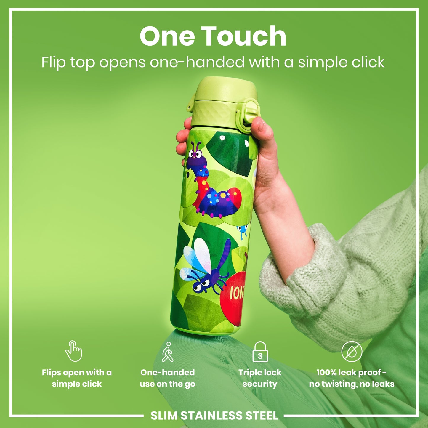 Leak Proof Slim Water Bottle, Stainless Steel, Bugs Life, 600ml (20oz)