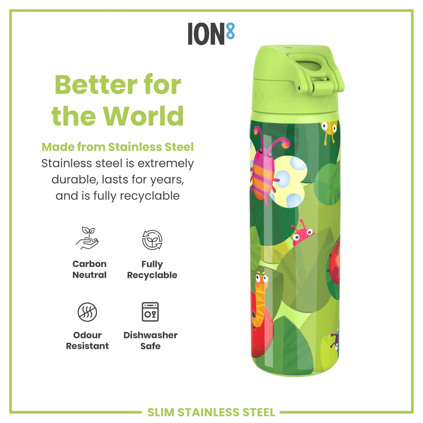 Leak Proof Slim Water Bottle, Stainless Steel, Bugs Life, 600ml (20oz)