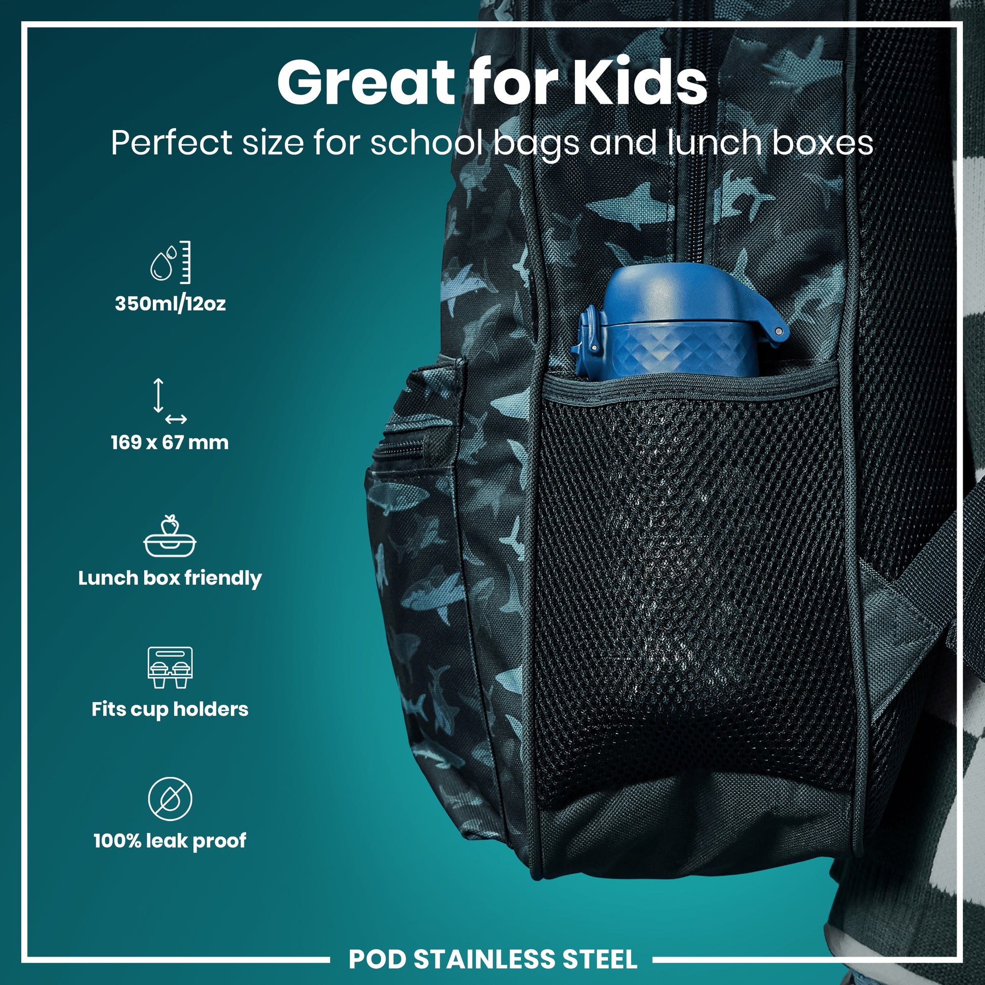 A dark-grey shark-patterned backpack with a mesh pocket holds a blue water bottle. It's shown against a teal background; text highlights its size (350ml/12oz, 169 x 67 mm), compatibility with lunchboxes and cup holders, and leak-proof design.