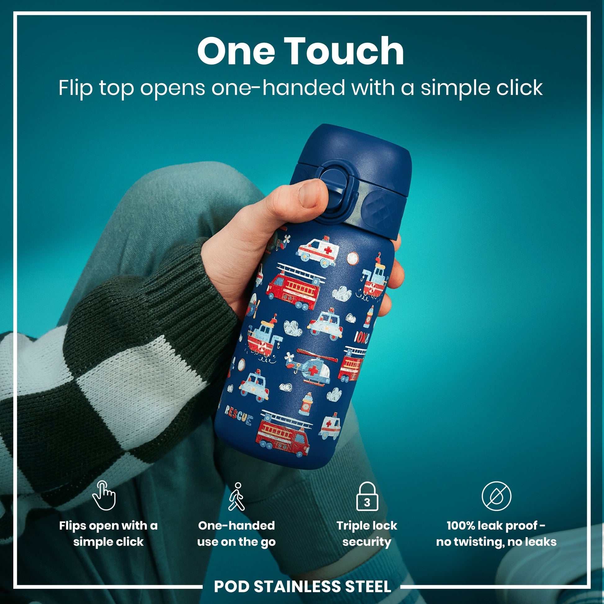 A child's hand opens a navy blue, emergency vehicle-themed water bottle with a single click. The flip top is one-handed and leakproof. The background is teal. "One Touch. Flip top opens one-handed with a simple click."